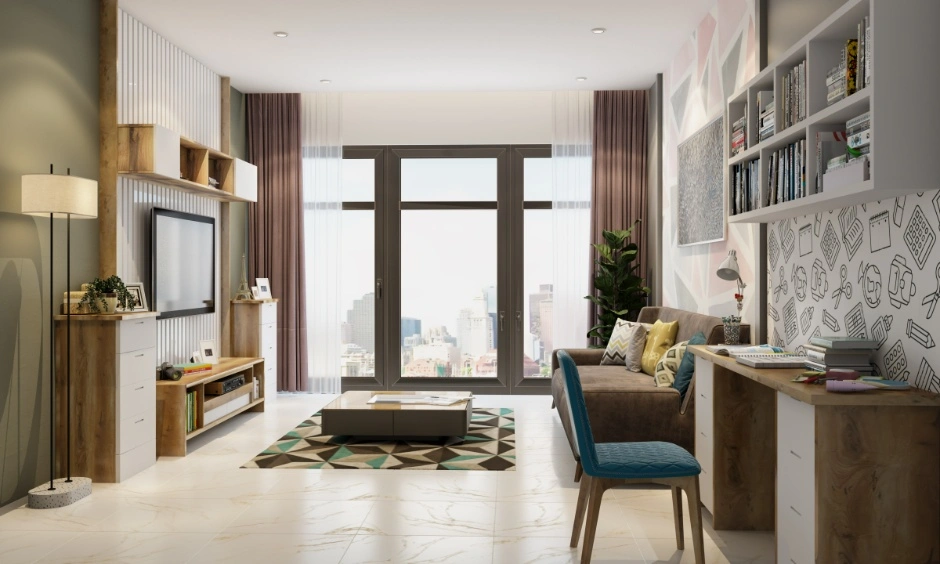 Compact Kolkata living room featuring smart storage, a study nook and a sleek TV unit.
