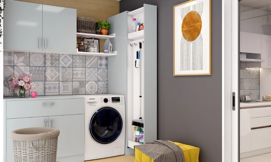 Multi-functional kitchen and utility space completed through a partial execution plan.