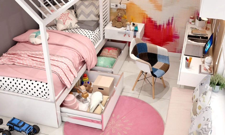 Custom storage and furniture create a tidy children's room through turnkey execution.