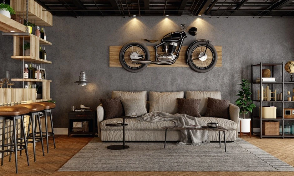 Exposed beams and visible ductwork create a bold industrial ceiling with raw character.