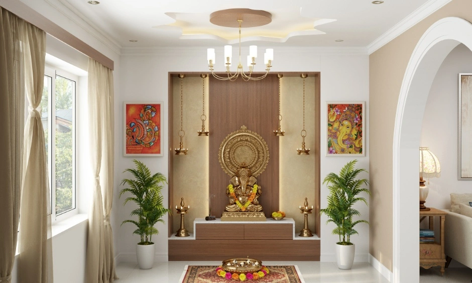 Traditional false ceiling lighting creates a soft and calming glow in the pooja room.