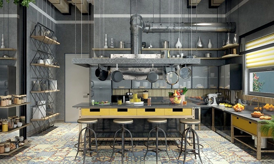 Exposed ducts and wooden beams bring an industrial character to the kitchen.