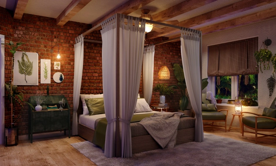 An exposed wood-beam ceiling adds character to this spacious bedroom with a canopy bed.