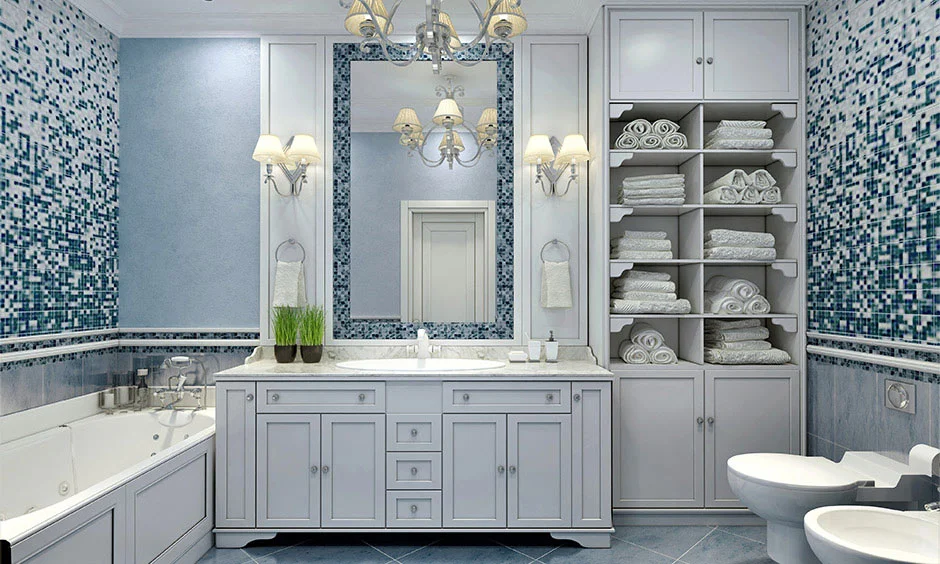 Layered lighting enhances visibility and adds depth to this spacious bathroom design.