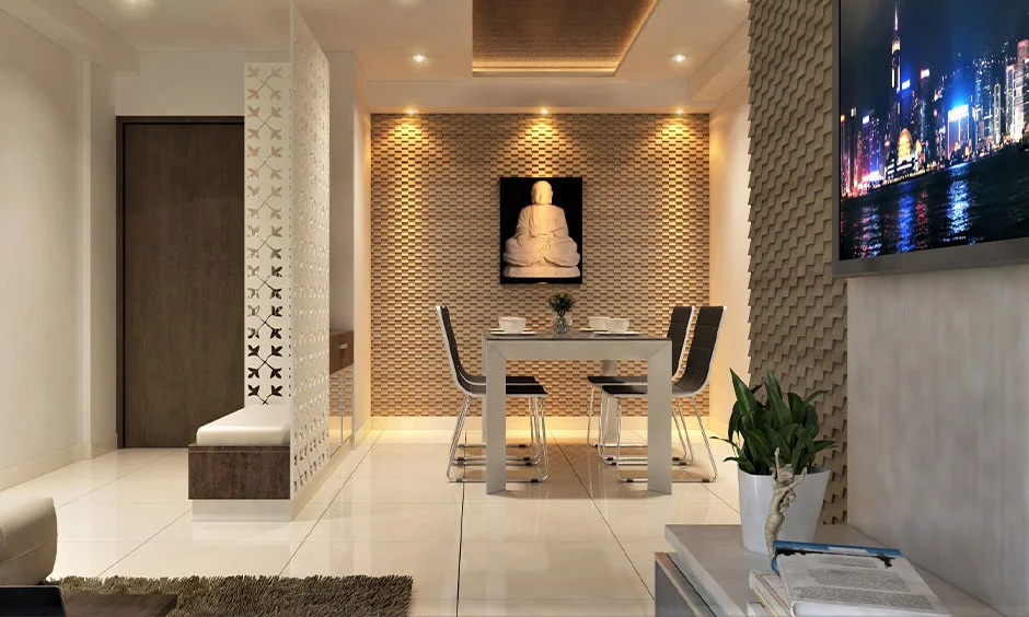 Warm spot lighting highlights decorative features and creates visual interest within the room.