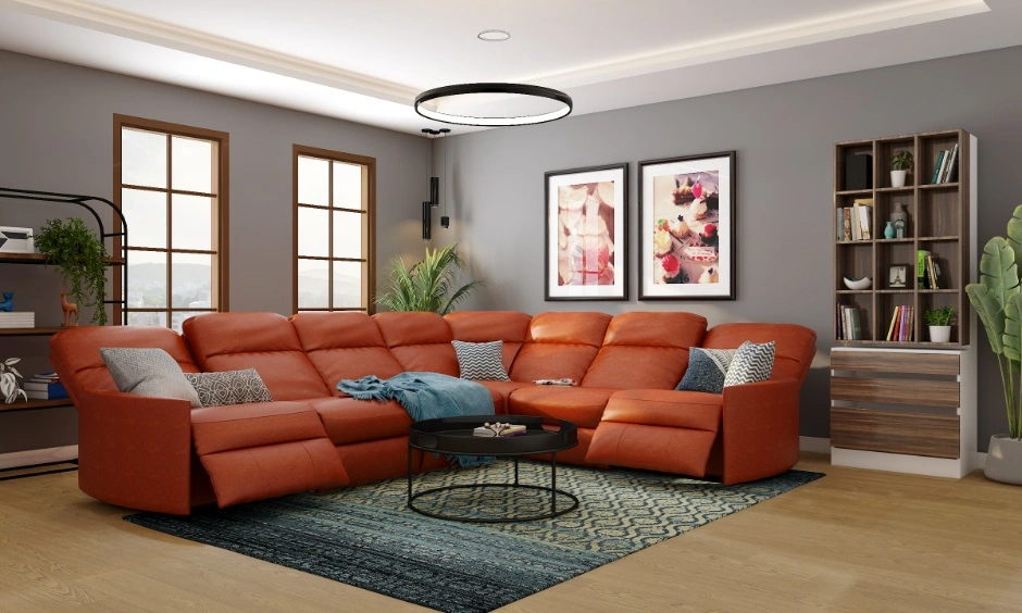 Rust and grey interior design colour theme for a spacious living room with recliner sofa and modern decor