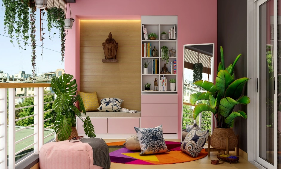Pink and green interior design colour theme for a balcony with reading nook indoor plants and wall shelving