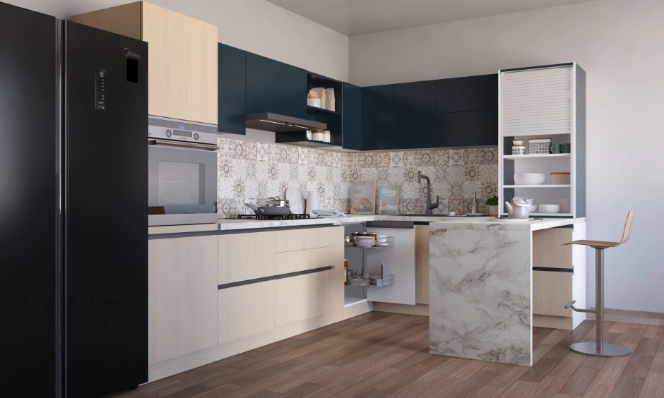 Navy blue interior design colour theme for a modern modular kitchen with marble breakfast island