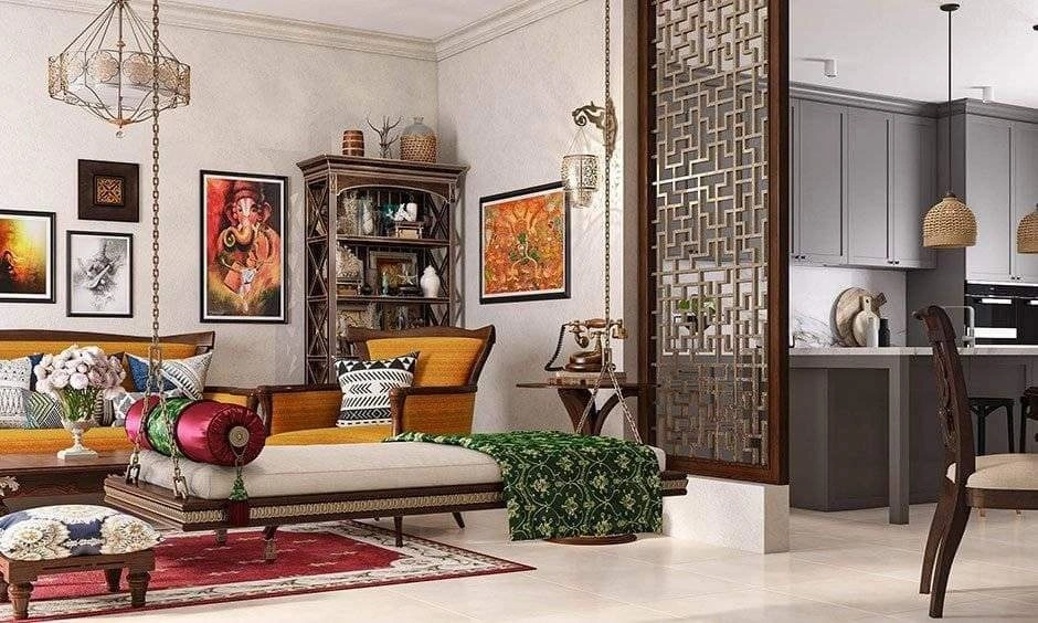 Mustard and cream interior design colour theme for a traditional living room with swing and wooden furniture