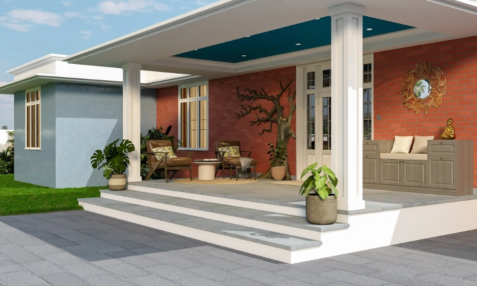 Brick red and blue interior design colour theme for a stylish front porch with modern outdoor seating