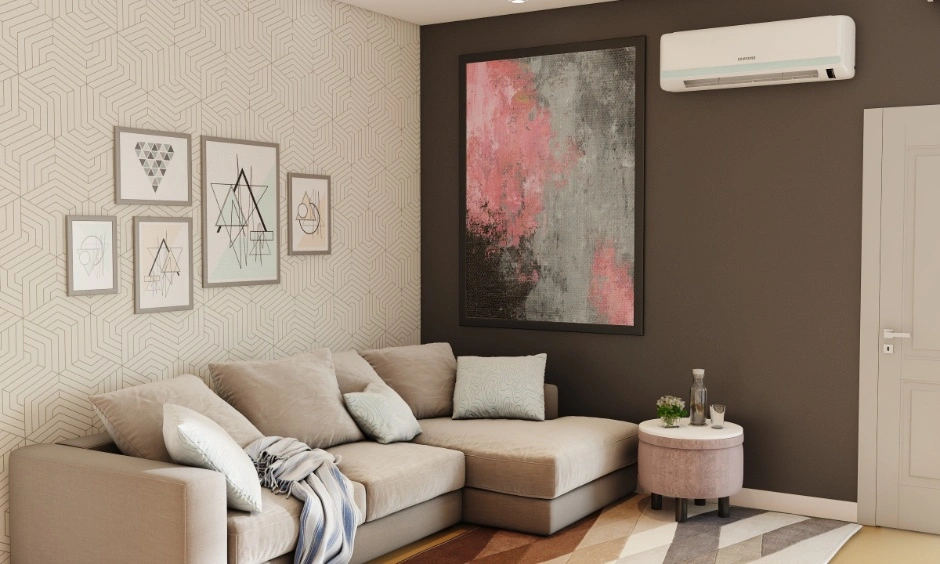 Beige and taupe interior design colour theme for a modern living room with geometric wallpaper and sectional sofa