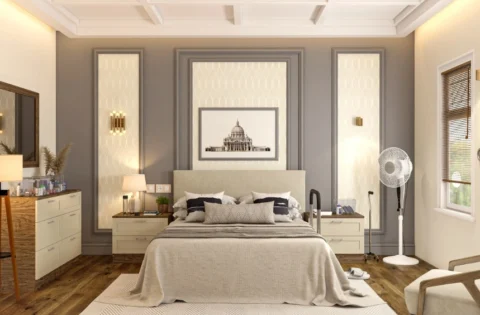 Bedroom design trends in Hyderabad showing layered lighting and a textured headboard wall.