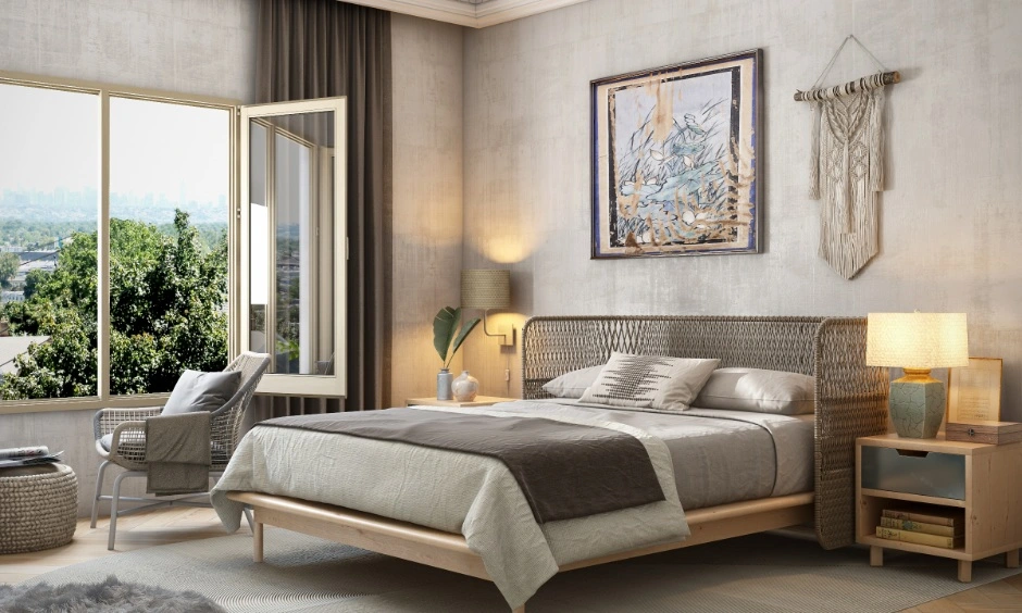 Warm minimalist bedroom in Hyderabad styled with matte surfaces and cane furniture accents.