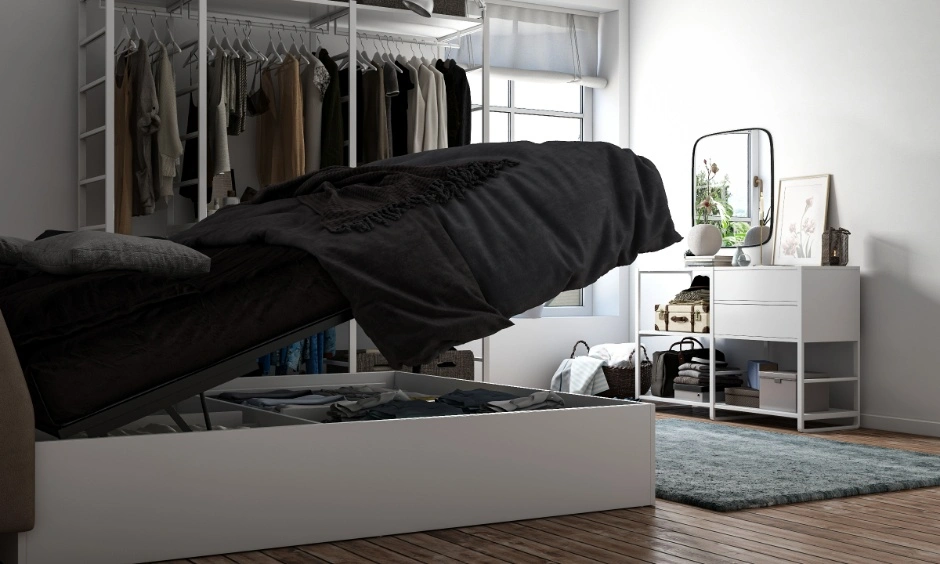 Hydraulic bed storage units and space-optimizing sliding wardrobes for a Hyderabad apartment layout.