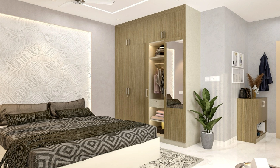Profile lighting configurations and warm integrated cove lighting system in a Hyderabad bedroom. 