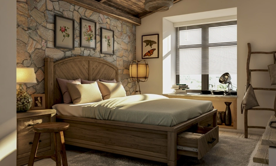 Natural stone masonry statement accent wall styled inside a luxury Hyderabad master bedroom.