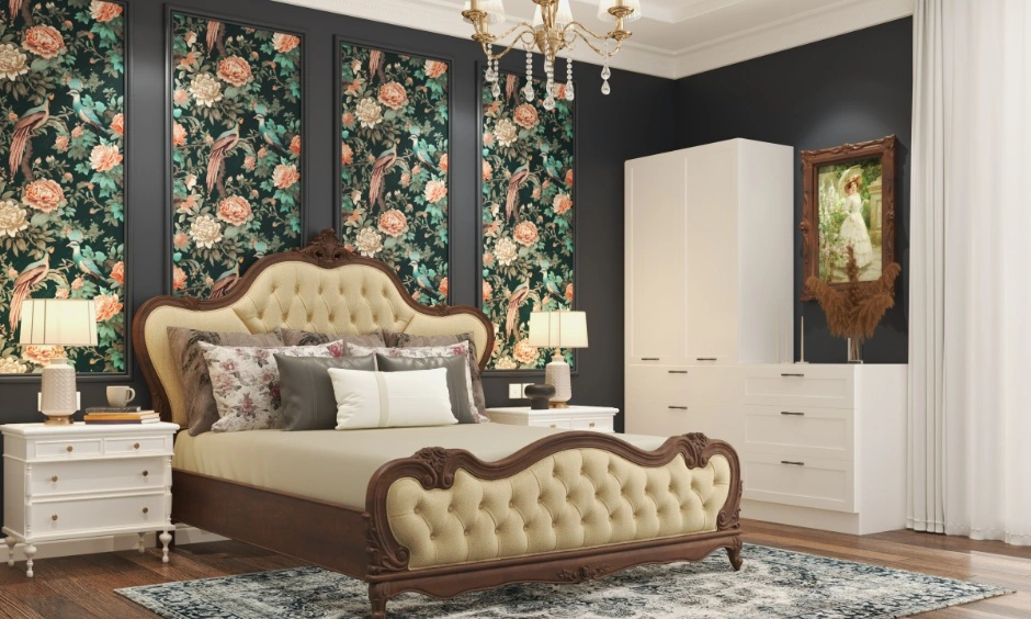 Soft curved headboard framing paired alongside sleek modern furnishings in a Hyderabad villa layout.