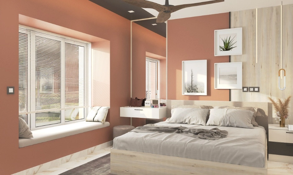 Built-in deep window seating elements and delicate drop hanging pendant lights in Hyderabad.