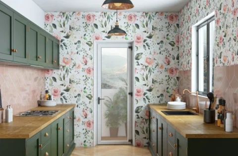 Floral wallpaper brightens the kitchen while adding colour, pattern and visual warmth