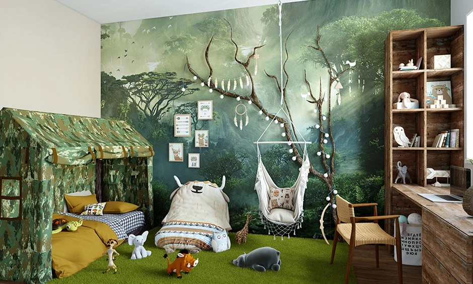 Forest-themed wallpaper enhances the playful jungle-inspired layout of this children's room.
