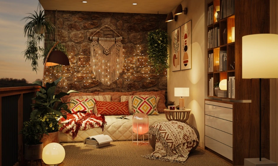 Textured 3D wallpaper adds depth and comfort to this compact relaxation corner.