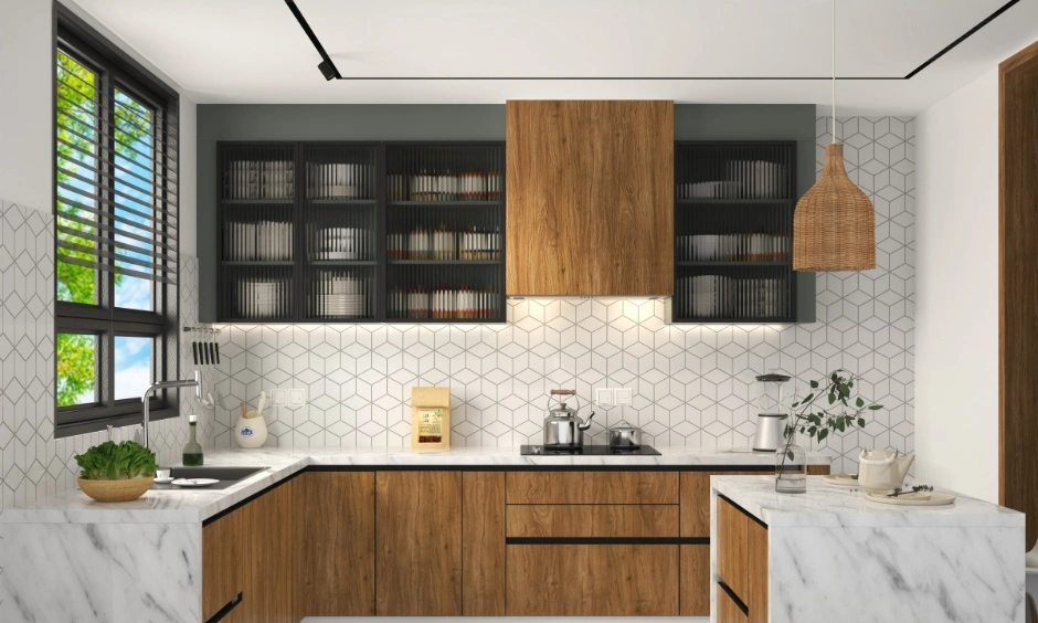 Fluted glass cabinets add texture and sophistication to this contemporary modular kitchen.