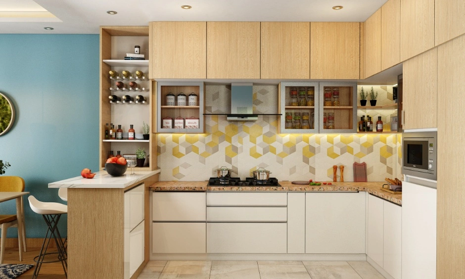 Functional L-shaped kitchen maximises workflow with integrated appliances and open shelving.