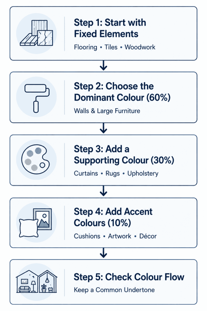 Interior paint colour palette using the 60-30-10 rule, from fixed elements to dominant, supporting and accent colours.