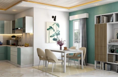 An L-shaped kitchen design seamlessly opening up into a bright modern dining room space.