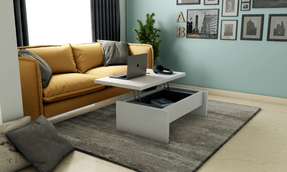 Multi-functional lift-top coffee table transforming an L-shaped living zone into an active workspace.