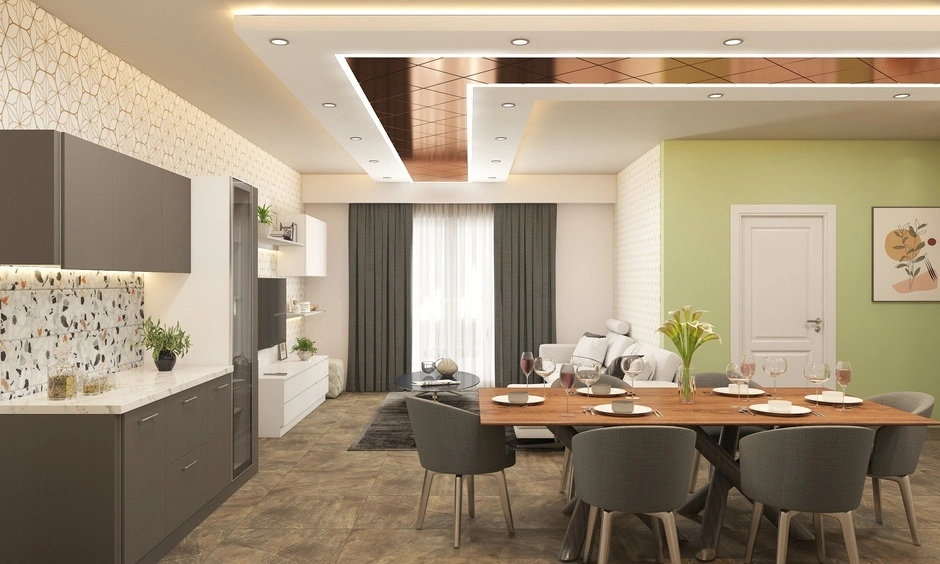 Contemporary open-plan L-shaped layout styled with minimalist matte slate-grey furniture and decor.