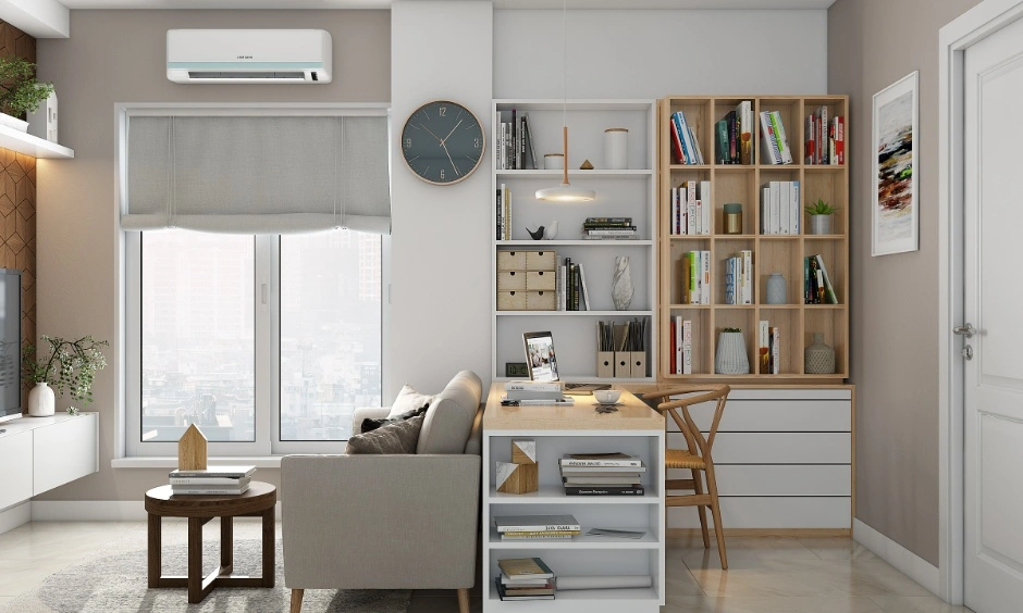A dedicated task light illuminating a compact study desk corner in an L-type room design.