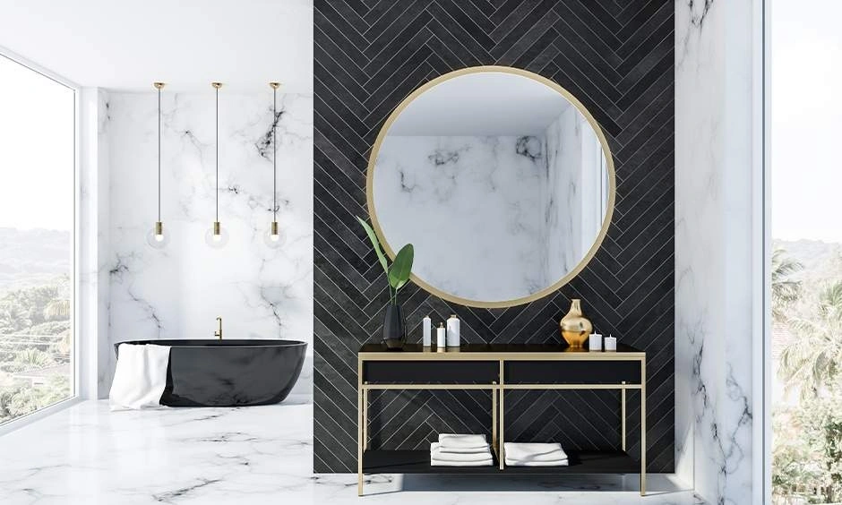 Herringbone patterned marble texture wallpaper paneling design on a bathroom accent wall.