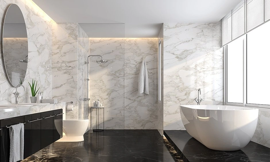 Waterproof marble texture wallpaper installed in a bathroom environment to handle moisture.