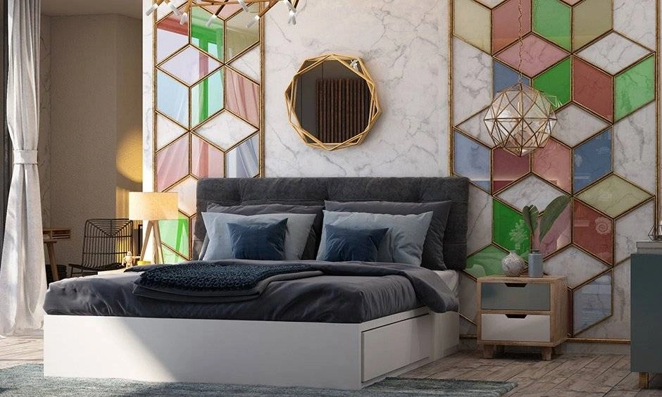 Geometric stained glass pattern accents overlaid across a white marble texture wallpaper design.