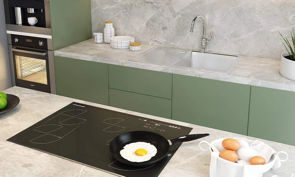 White peel and stick marble wallpaper utilized as a kitchen backsplash profile.
