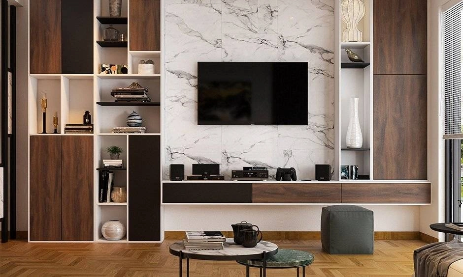 White marble wallpaper providing a neutral backdrop behind teak laminated room cabinetry.