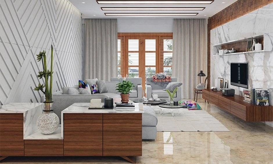 White marble texture wallpaper styled as a prominent accent feature wall within a living area.