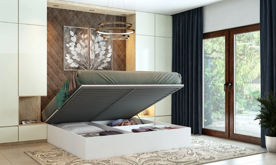 A space-saving hydraulic bed ideal for an interior design 2 BHK flat in Coimbatore.