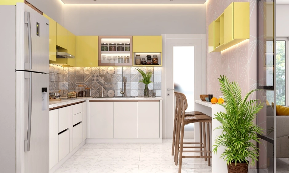 A bright modular kitchen setup illustrating custom interior design in Coimbatore.