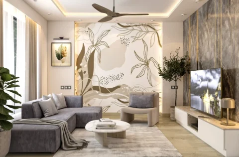 Modern living room displaying popular interior design trends in Coimbatore including warm lighting.