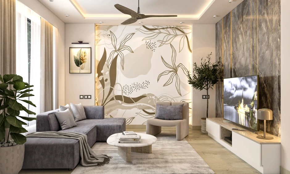 Modern living room displaying popular interior design trends in Coimbatore including warm lighting.