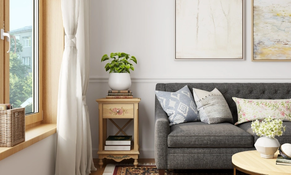 A well-ventilated living room with wood tones focused on sustainable interior design in Coimbatore.