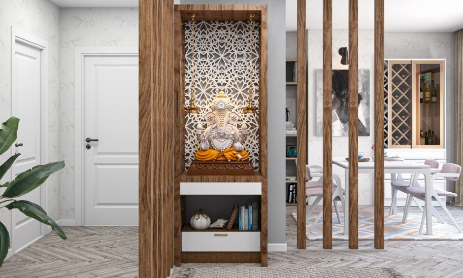 A modern pooja unit layout aligned with Vastu home design in Coimbatore.