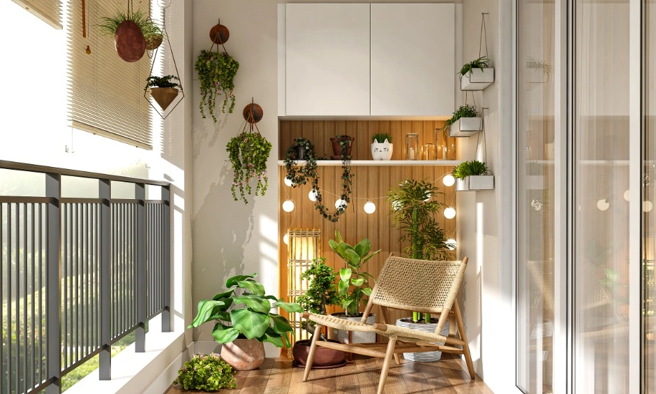 A contemporary balcony layout designed with biophilic elements to introduce natural ventilation.
