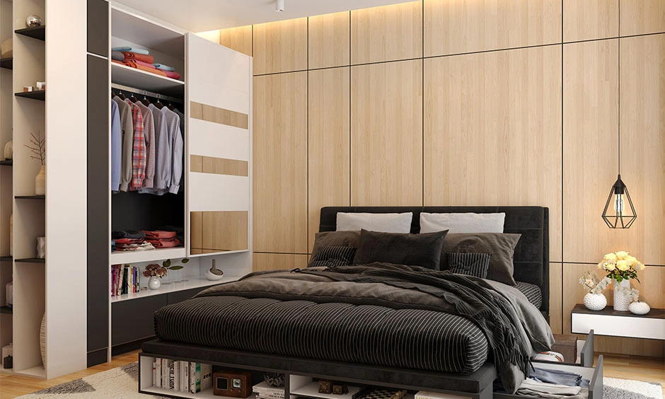 An organized bedroom layout with smart integrated storage units to maximize spatial efficiency.