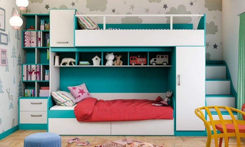 A children's bedroom featuring a teal and white bunk bed with integrated shelves and a storage wardrobe.