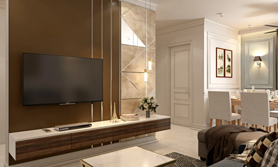 Floating TV console is mounted against a floor-to-ceiling fluted feature wall for added height.