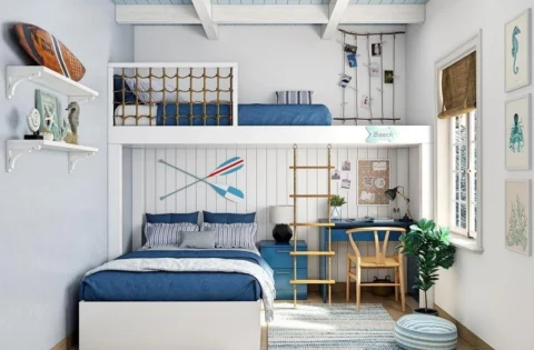 Twin loft beds in a navy-blue and white finish maximise study and sleep space efficiently.