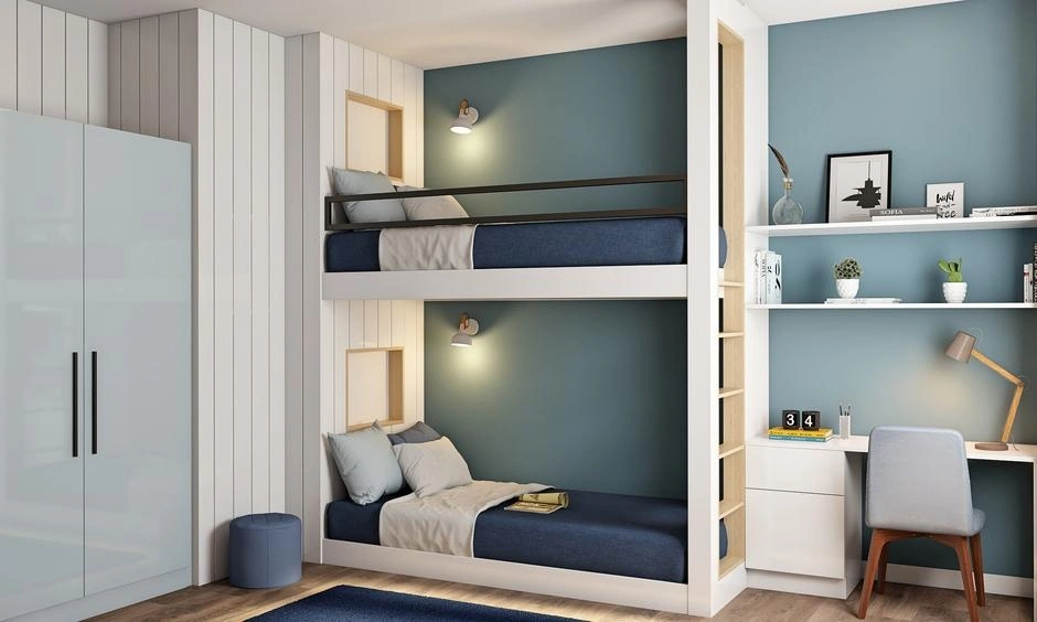Twin loft beds incorporate study desks within a space-efficient shared bedroom layout.